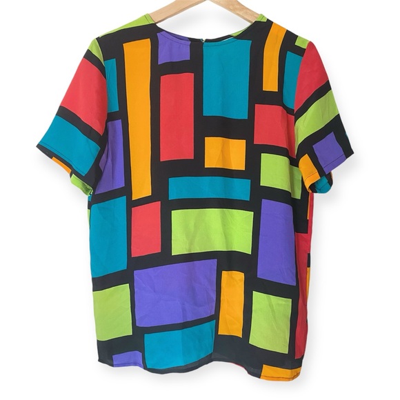 Vintage 90s Silk Top Blouse Short Sleeve Geometric Print Oversized Diane Gilman - Picture 1 of 5